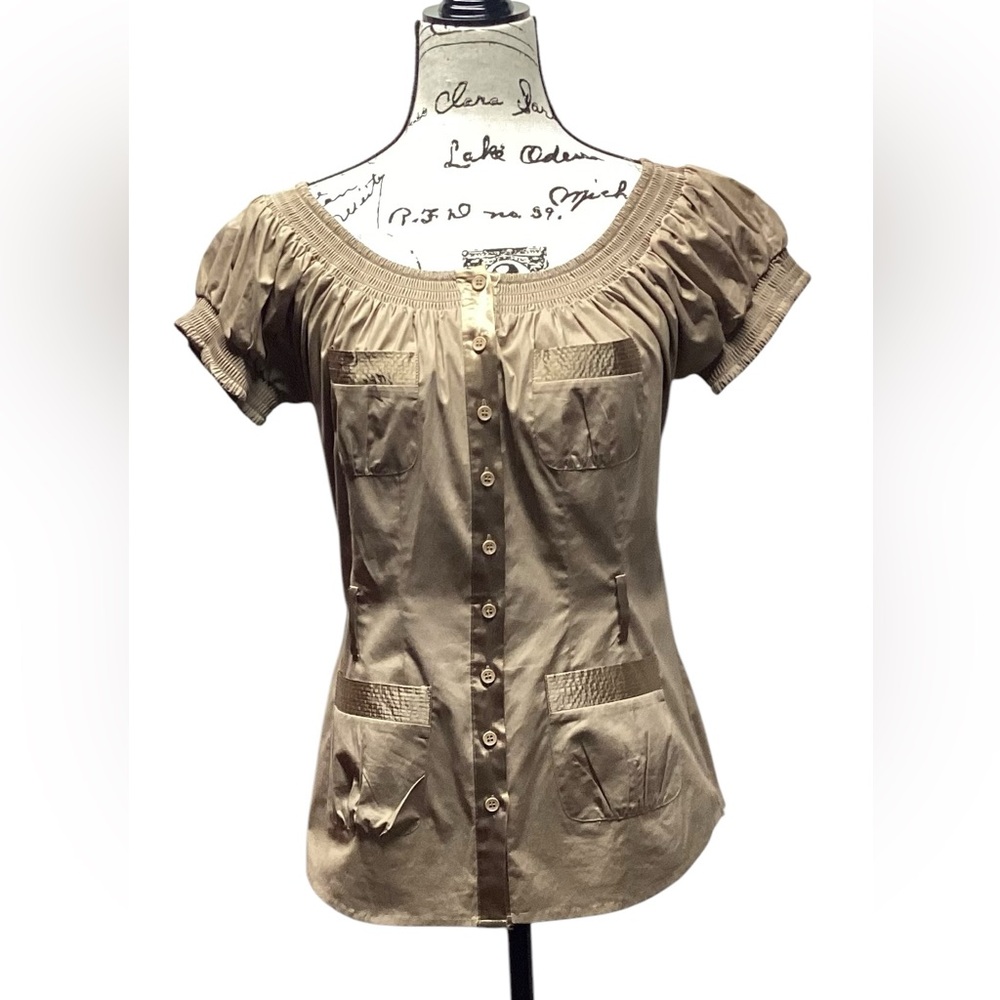 BCBGMAXAZRIA tan satin trim blouse with smocked collar and sleeves Sz Medium